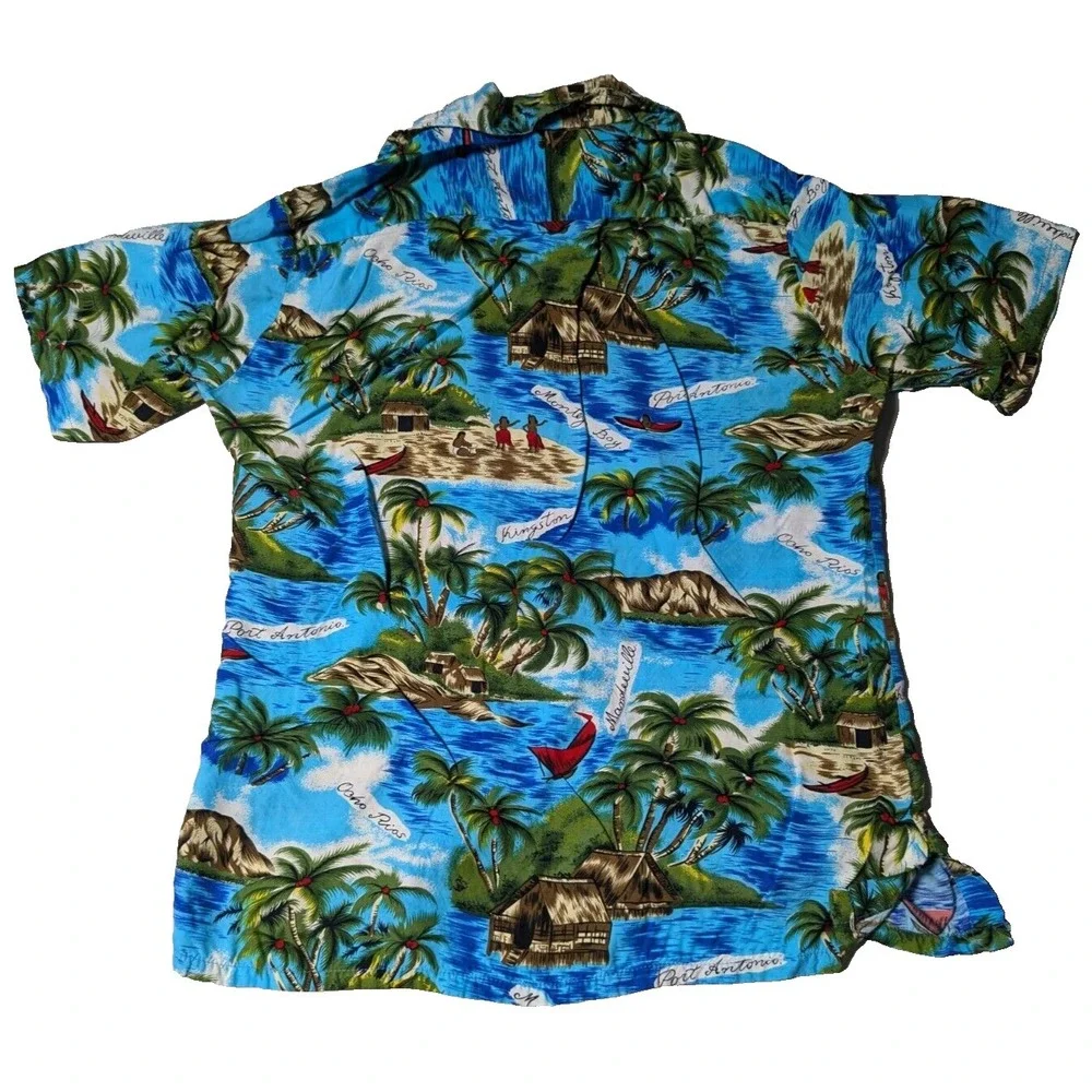 VTG NATIONAL SPORT SHIRTS MANHATTAN Men Large Blue‎ Tropical Jamaican Camp Shirt